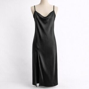 Y2K Whimsigoth Satin Cowl Neck Maxi Slip Dress Sz M Black Dark Leg Slit Romantic